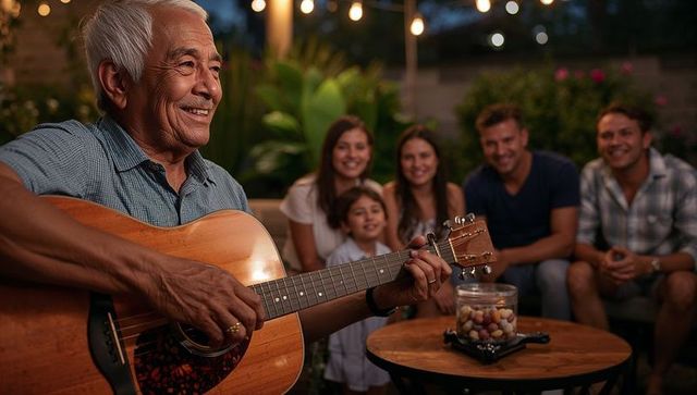 Grandfather playing acoustic guitar for family gathering under string lights