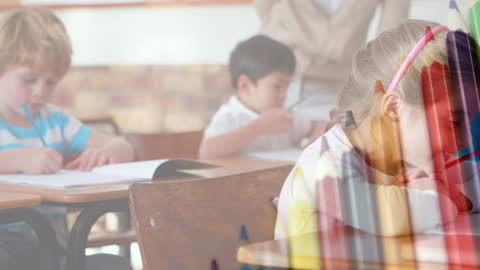 Joyful Students with Crayons in Classroom Blend