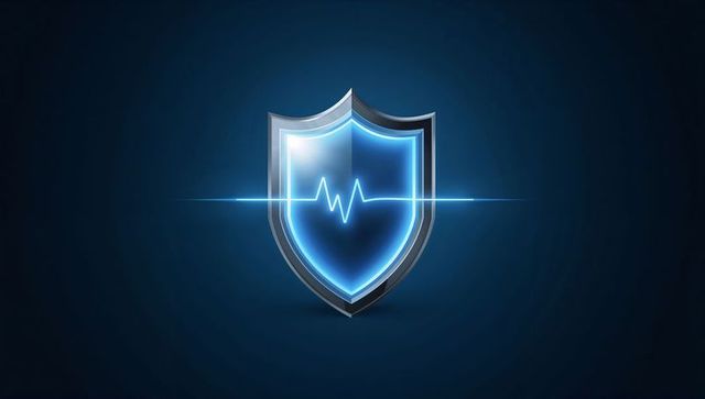 Glowing neon-blue shield displaying ECG pulse for cybersecurity and healthtech protection