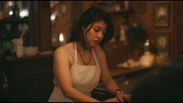 Young barista preparing plates at wooden counter in cozy cafe with warm ambient lighting