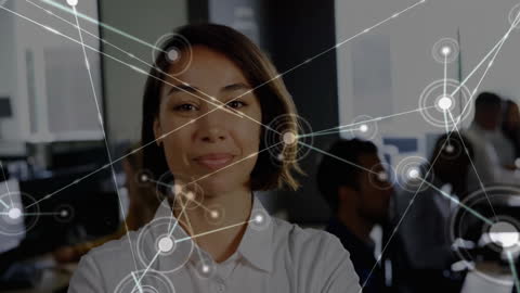 Connected Businesswoman Posing in Modern Office with Network Overlay