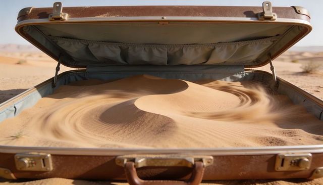 Vintage suitcase filling with swirling desert sand forming miniature dunes and wind patterns