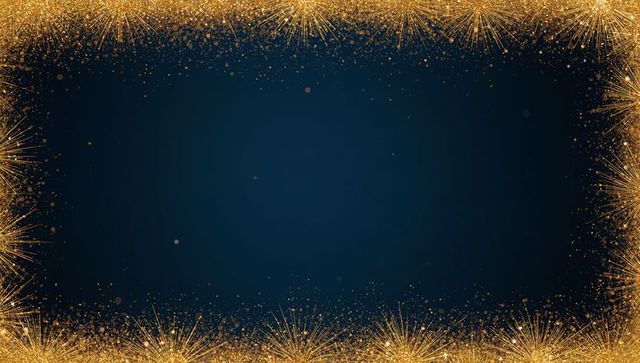 Elegant navy blue backdrop with gold glitter border and radiant starburst frame