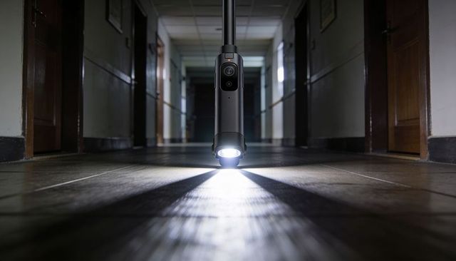 Robotic Inspection Camera Shining LED Beam Down Narrow Corridor with Reflective Floor