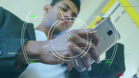 Man on Bus Engaging with Futuristic Digital Interface via Smartphone