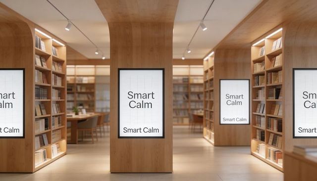 Minimalist wooden library interior with lit smart calm digital displays and arched shelving