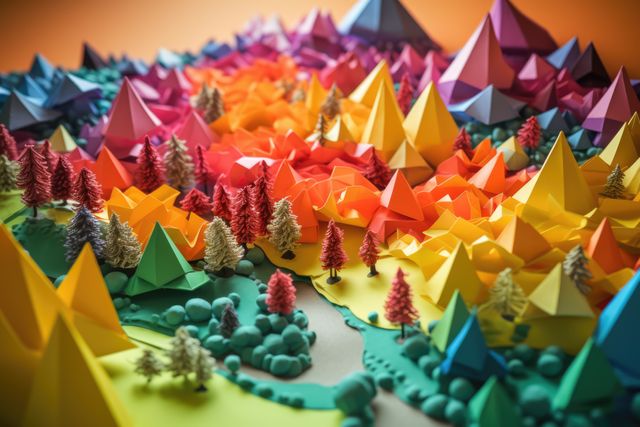 Rainbow origami landscape with trees and mountains, created using generative ai technology. Orgiami art, scenery, nature and pattern concept digitally generated image.