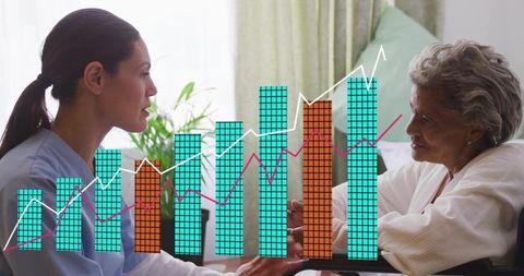 Caregiver holding hands with senior while health data overlay showing care analytics