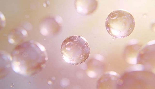 Floating iridescent translucent bubbles in pastel gradient with soft bokeh macro lighting