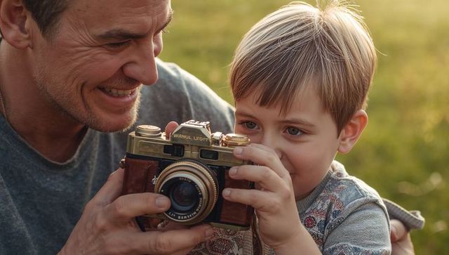 Sunlit Father and Son Bonding Over Vintage Camera in Meadow Teaching Photography Moment