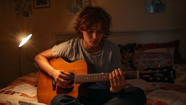 Teen playing acoustic guitar at night on bed under warm lamp light focused music practice