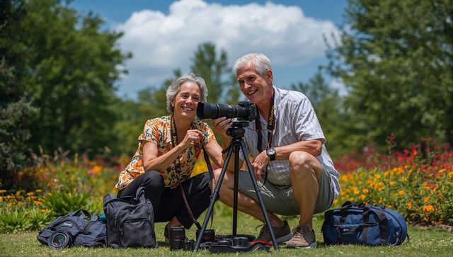 Senior couple adjusting telephoto dslr on tripod in vibrant flower garden, outdoor lifestyle