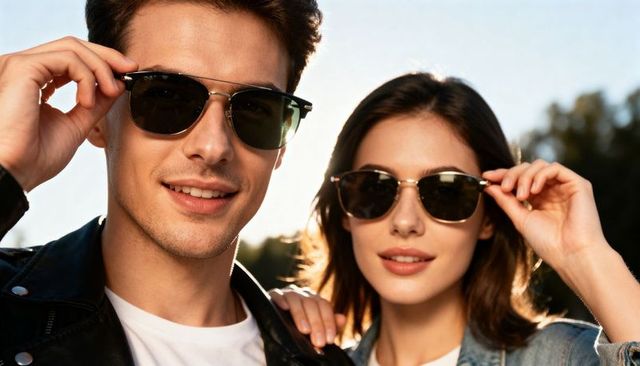 Smiling couple adjusting sunglasses during golden hour wearing denim and leather jackets