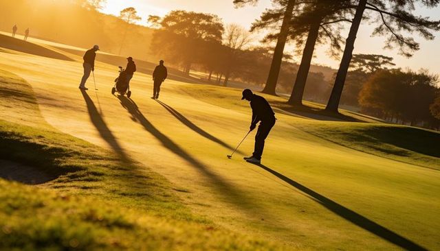 Early morning putting on sunlit golf course with long silhouettes and golden shadows
