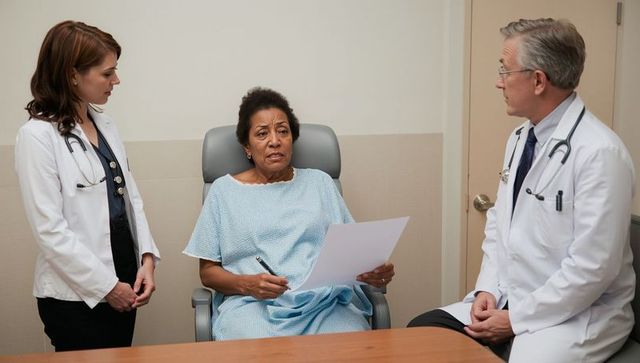 Senior patient signing medical forms during clinical consultation with two doctors