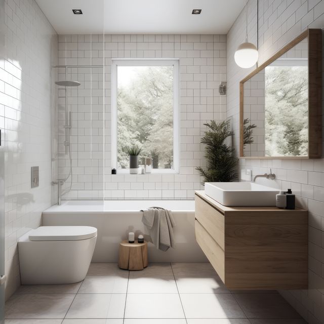 This bright and modern bathroom, featuring white tiles and natural elements, is ideal for use in interior design blogs, real estate listings, or home decor magazines. Highlighting a minimalistic aesthetic with a wooden vanity and accents of greenery, it showcases a stylish and serene atmosphere perfect for promoting bathroom renovations, spa-like home environments, or eco-friendly home supplies.