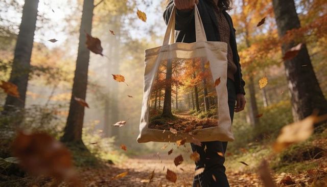 Autumn forest tote bag on woodland walk with falling leaves and golden sunbeams