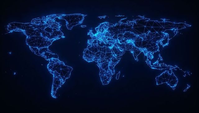 Futuristic Digital Wireframe World Map with Neon Blue Network