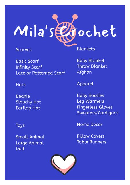 Mila's Crochet Menu of Handcrafted Knitwear and Home Decor - Download Free Stock Templates Pikwizard.com