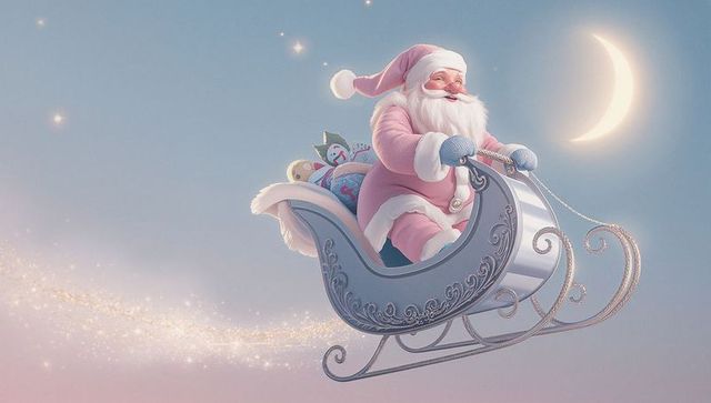 Pink santa gliding silver sleigh under crescent moon with sparkling gift trail
