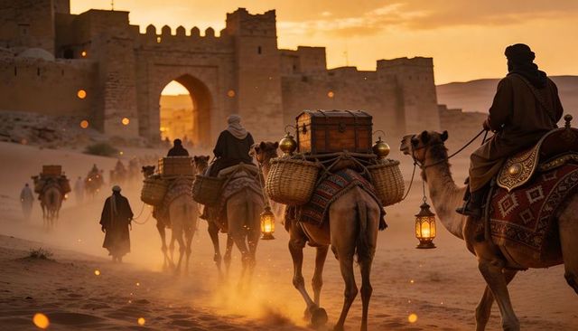 Caravan crossing desert approaching ancient fort gate at golden dusk