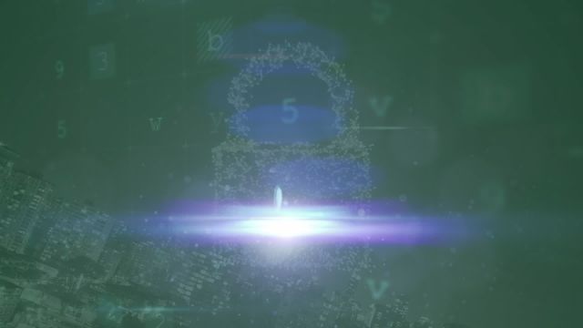 Video illustrating a futuristic cybersecurity concept featuring an abstract lock symbol and a glowing light against a digital background. This is particularly useful for content related to data security, technology, cyber threats, and informational protection. Ideal for use in articles, presentations, or websites discussing cybersecurity measures and advancements.