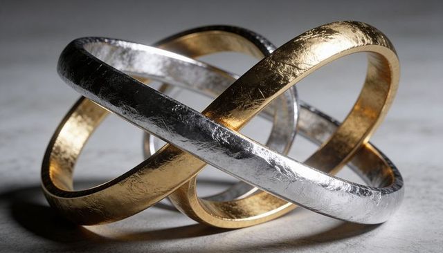 Interlocking Gold and Silver Hammered Rings Sculpture on Marble Surface for Luxury Concept