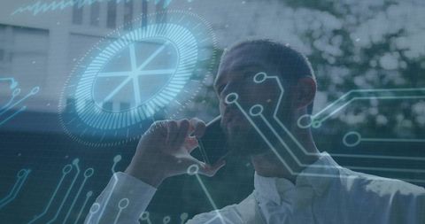 Businessman using smartphone with holographic ar interface and futuristic hud overlay