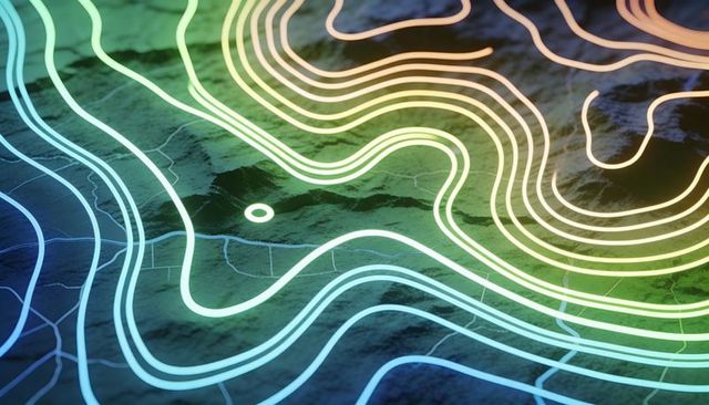 Glowing neon topographic contour map with 3d terrain and rainbow elevation lines