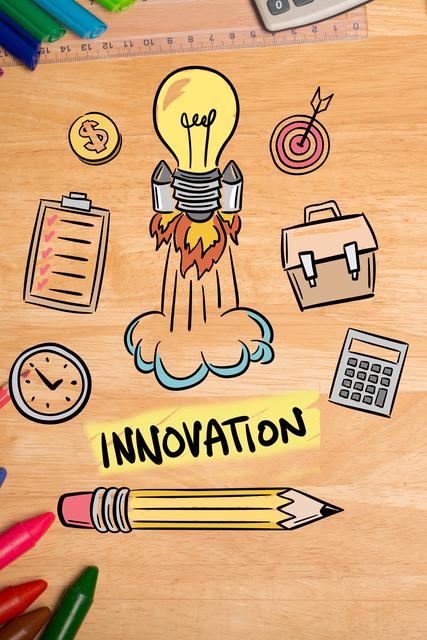 This image is ideal for illustrating concepts related to innovation, creativity, and business planning. The light bulb symbolizes new ideas, while the various office icons represent different aspects of business and strategy. Perfect for use in presentations, blog posts, and marketing materials focused on entrepreneurship, startups, and creative thinking.