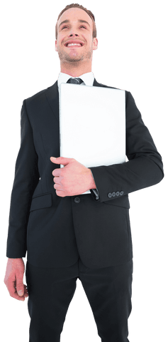 Transparent Smiling Businessman Holding Laptop