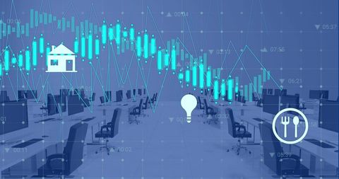 Digital Interface with Financial and Lifestyle Icons in Office