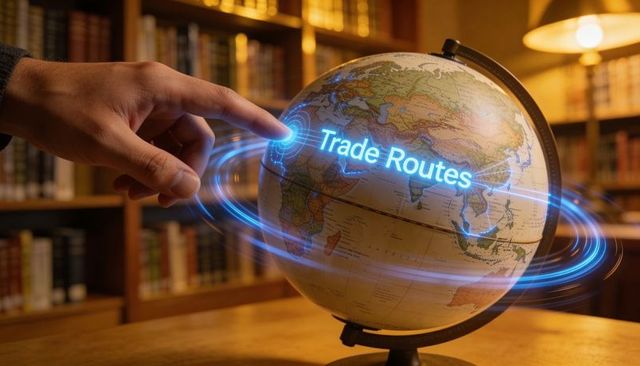 Hand touching holographic globe displaying global trade routes with ar rings in library