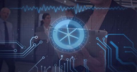 Blue holographic hud with radial data display and circuitry, ecg waveform over office