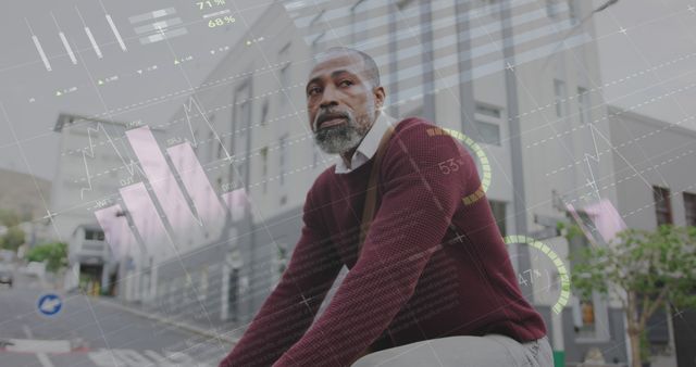 Image of infographic interface over senior african american man riding bicycle on street in city. Digital composite, multiple exposure, report, business, growth, global, retirement, technology.
