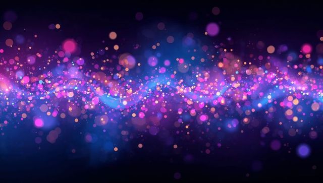 Iridescent bokeh wave streaming across dark navy background with prismatic neon sparkles