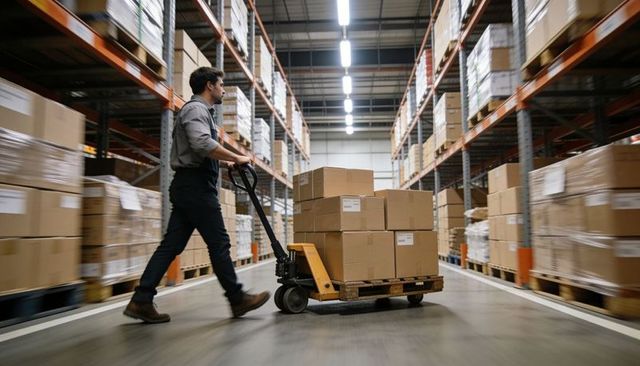 Warehouse worker pushing pallet jack through distribution aisle moving stacked boxes