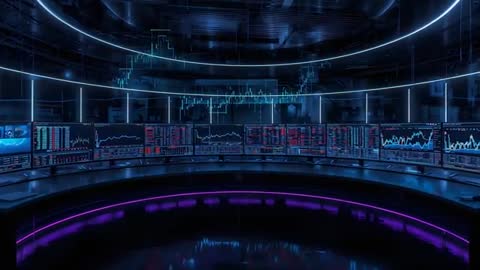 Futuristic Data Center with Neon-Lit Trading Monitors