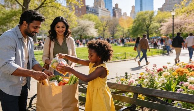 Family loading groceries in sunny urban park with child placing fresh produce in bag