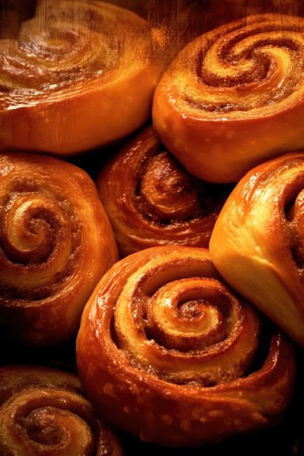 Close-up view of freshly baked golden-brown cinnamon rolls showcasing the swirl patterns. Perfect for use in food blogs, bakery advertisements, recipe books, and social media content promoting sweet treats.