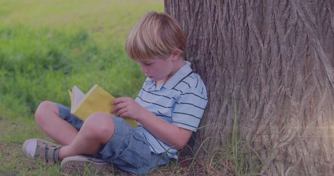 Young Boy Reading by Tree in Tranquil Park