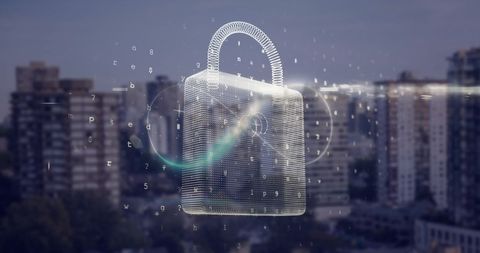 digital padlock binary code overlaying urban cityscape - Download Free Stock Images Pikwizard.com