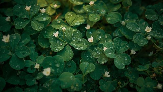 Dew-Kissed Heart-Shaped Oxalis Leaves with Tiny White Blooms in Shaded Garden Close-Up