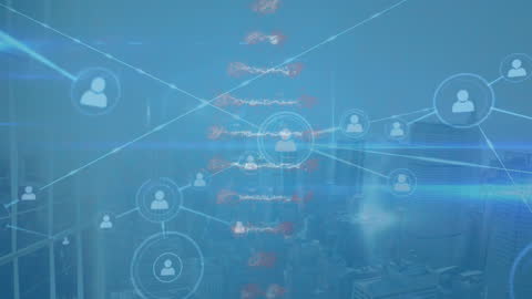 Digital Network and DNA Illustration Over Cityscape