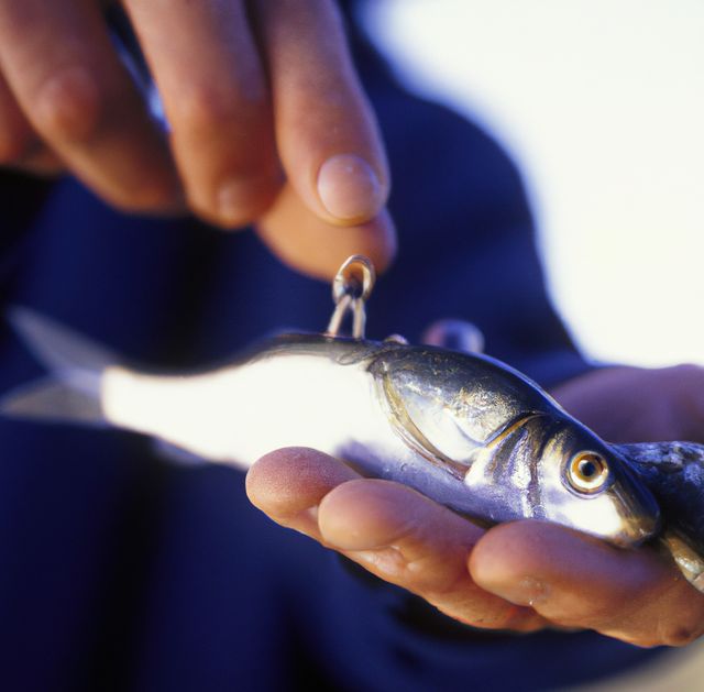 Image of close up of man's hand holding fishing bait. Fishing, hobby and leisure concept.