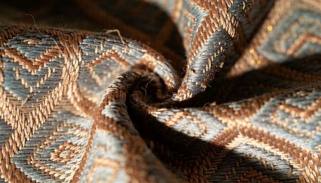 Macro jacquard fabric spiral with raised stitch texture and metallic sheen