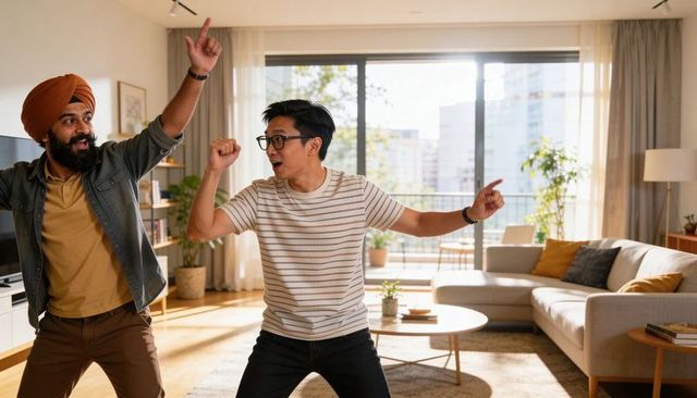 Two friends dancing in sunlit urban apartment living room with turban and casual outfits