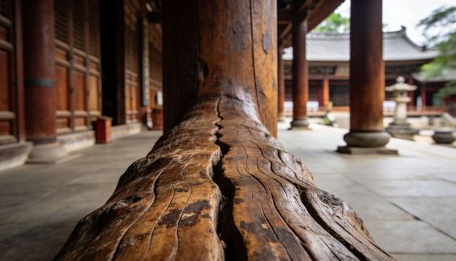 Weathered timber beam leading toward traditional temple courtyard with stone lanterns