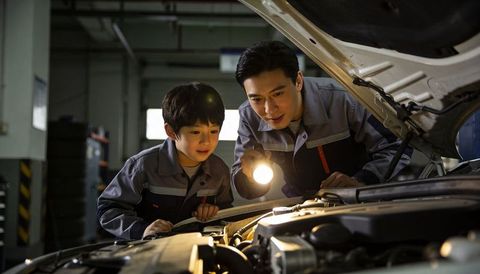 Automotive Mentor Teaching Child Engine Inspection with Flashlight in Repair Garage