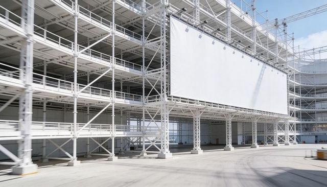 Blank megascreen framed by white scaffolding and crane for outdoor billboard mockup